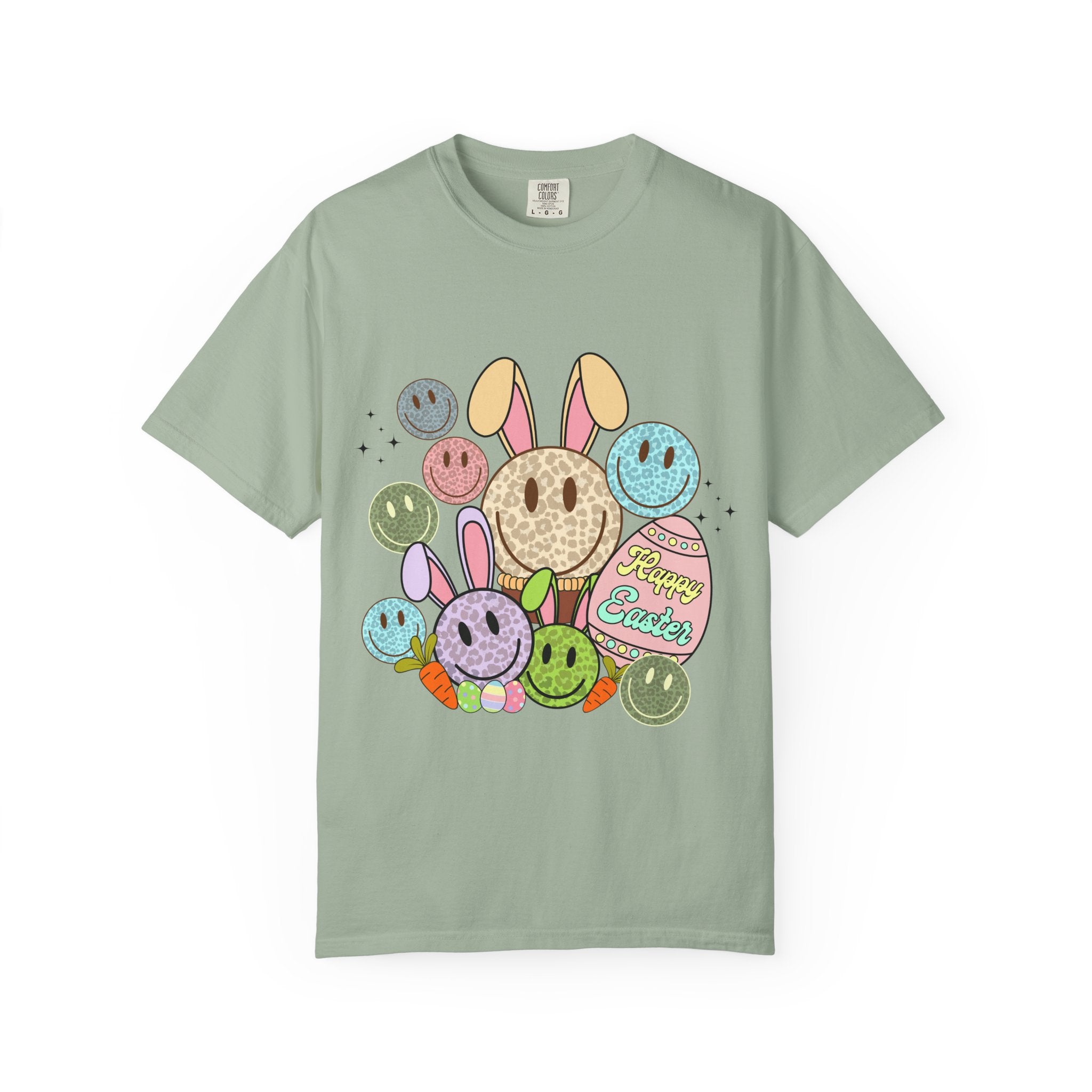 Leopard Bunny Smiley T-Shirt — Pastel Retro Easter Graphic Tee