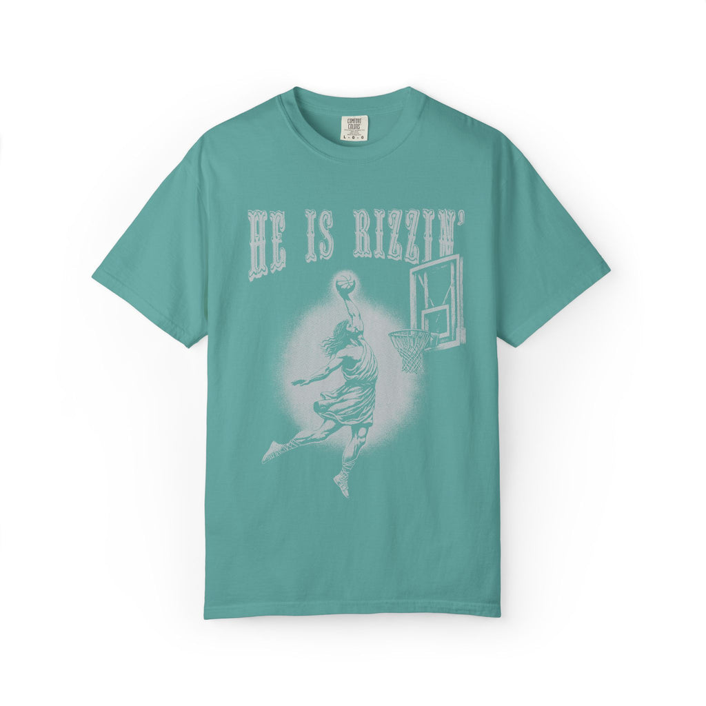 Basketball Dunk T-Shirt — “He Is Rizzin’” Vintage Sport Graphic