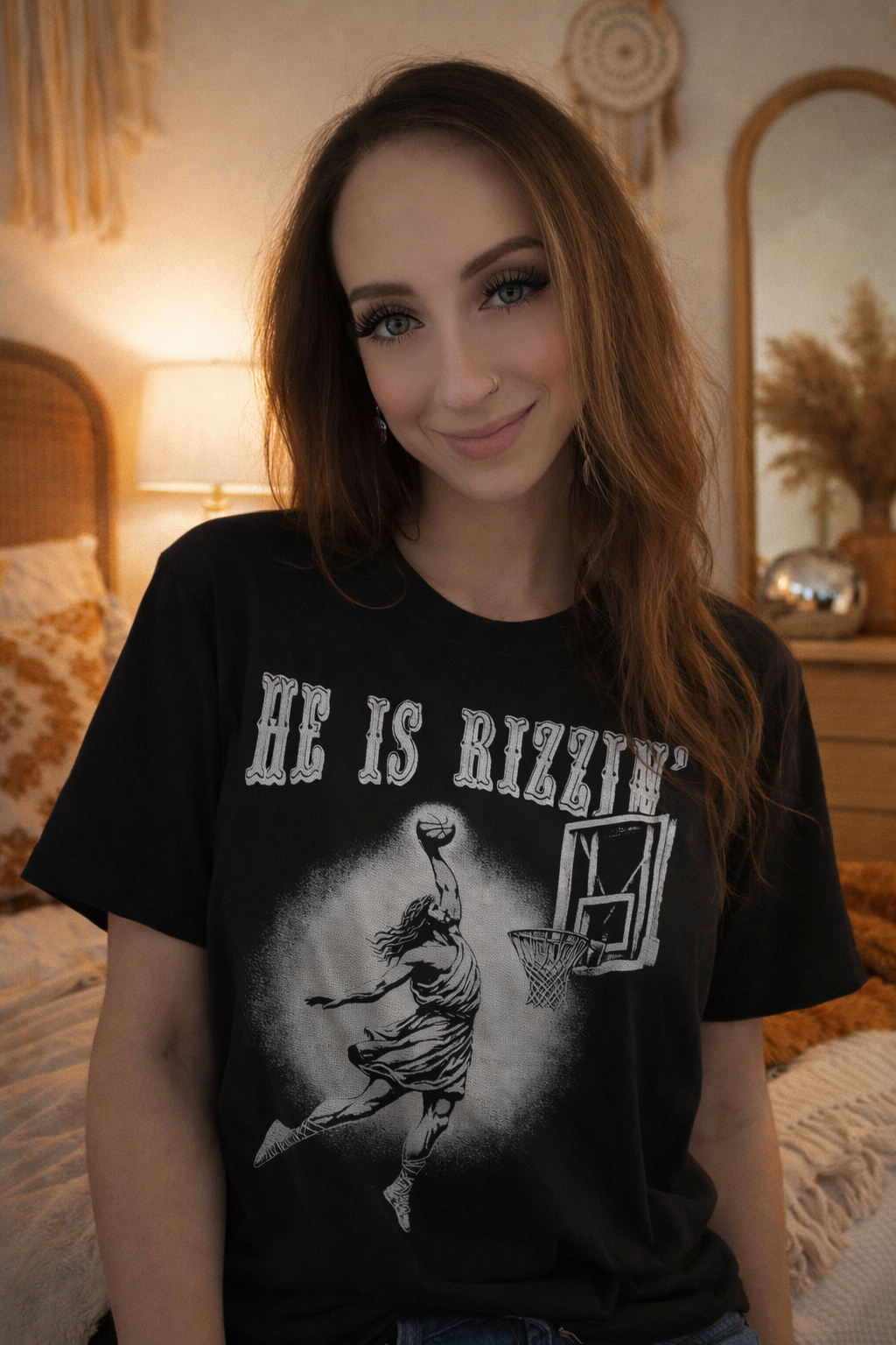 Basketball Dunk T-Shirt — “He Is Rizzin’” Vintage Sport Graphic