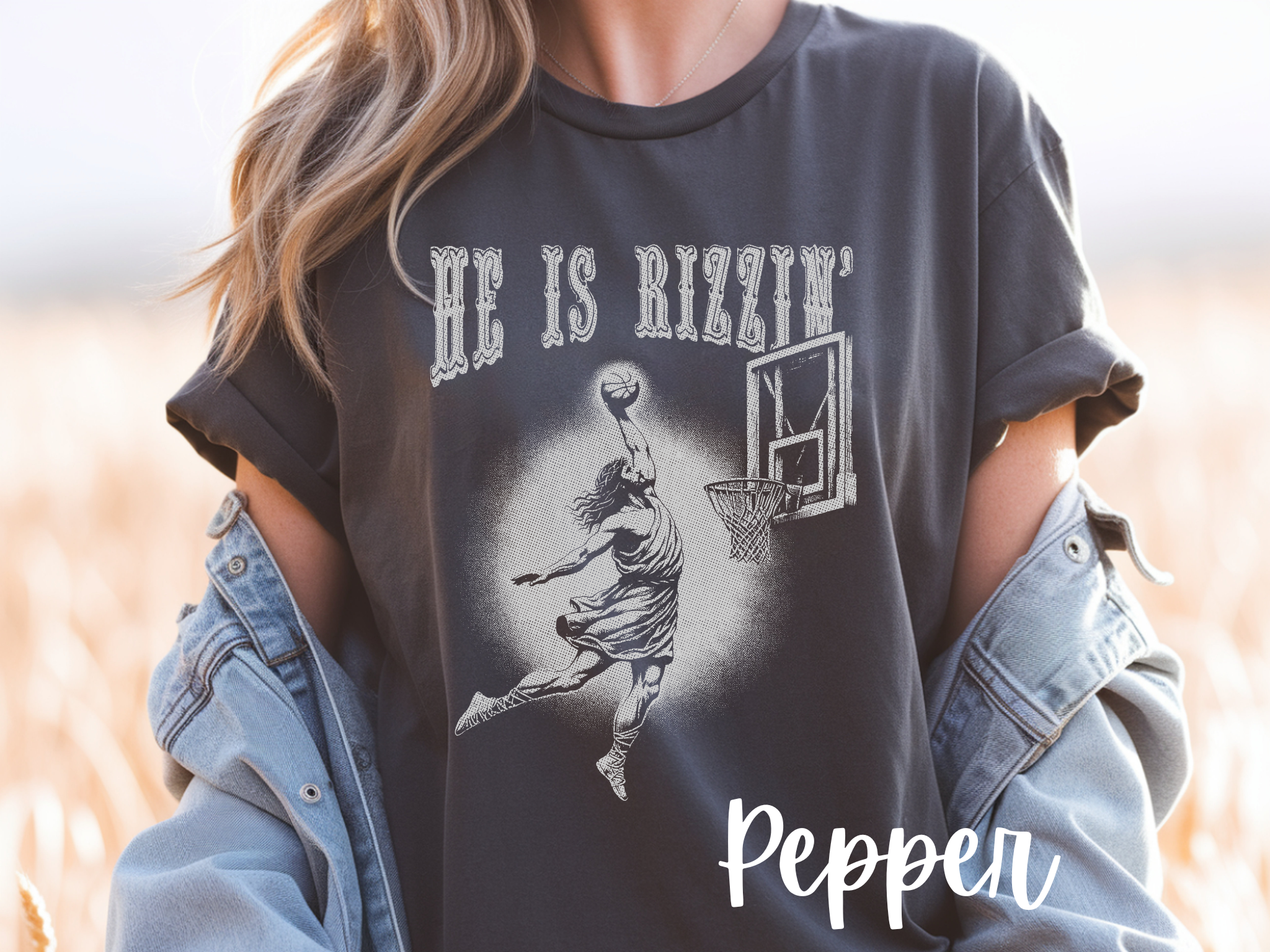Basketball Dunk T-Shirt — “He Is Rizzin’” Vintage Sport Graphic