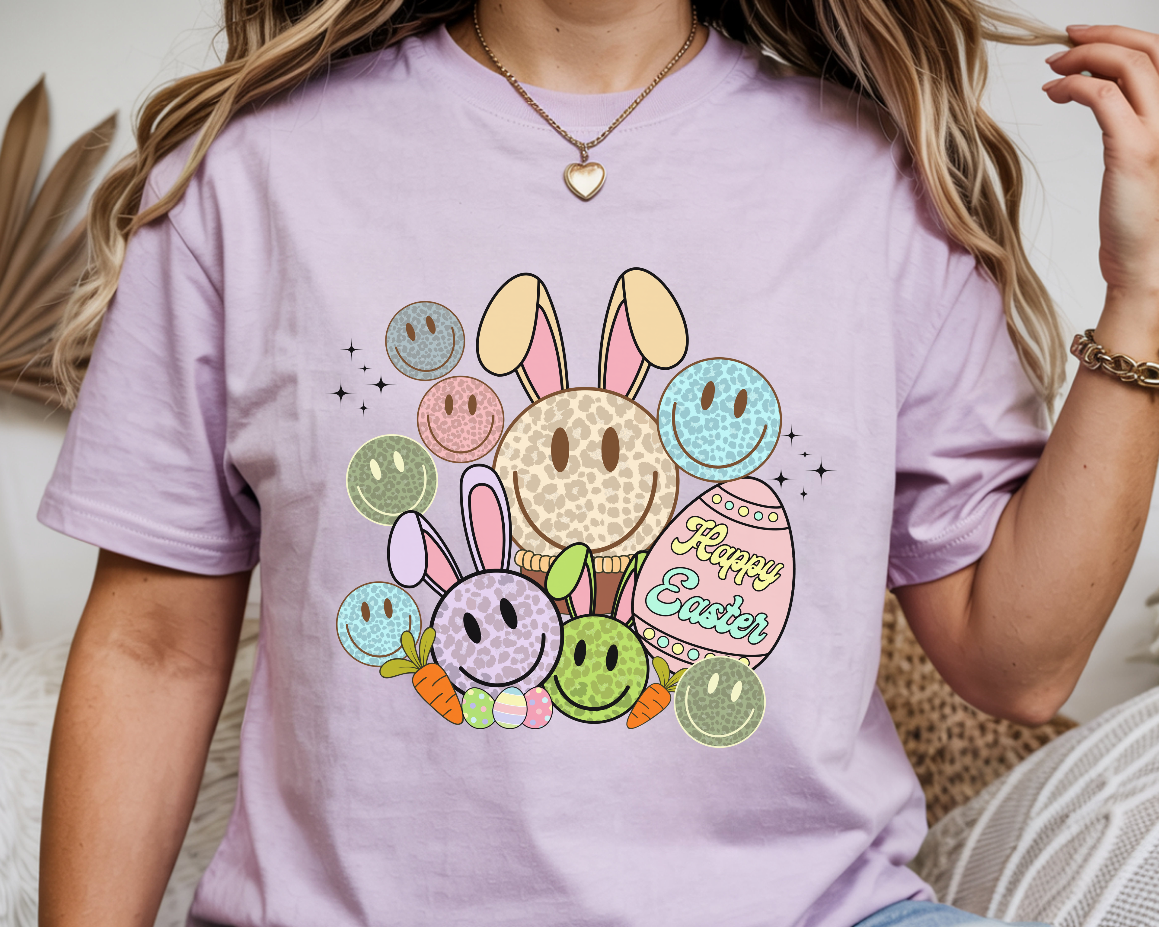 Leopard Bunny Smiley T-Shirt — Pastel Retro Easter Graphic Tee