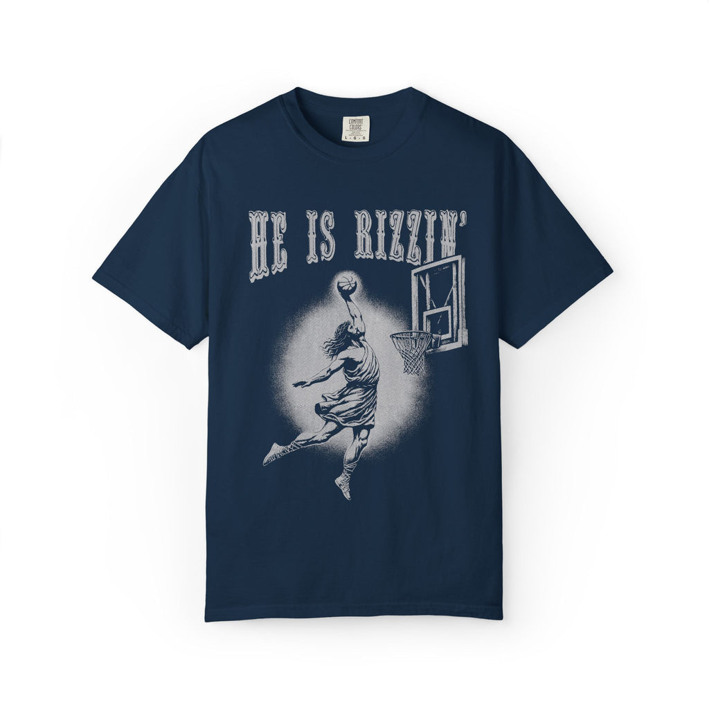 Basketball Dunk T-Shirt — “He Is Rizzin’” Vintage Sport Graphic